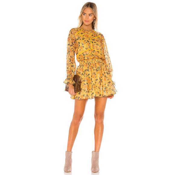 TULAROSA Camden Metallic Yellow Floral Ruffle Long Sleeve Dress SMALL - Picture 2 of 13